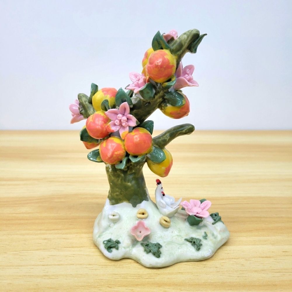 Vintage Porcelain Peach & Floral Tree with Geese Figurine Bone China